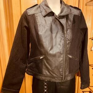 Black faux leather jacket hundred percent cotton lining zipper front with pocket